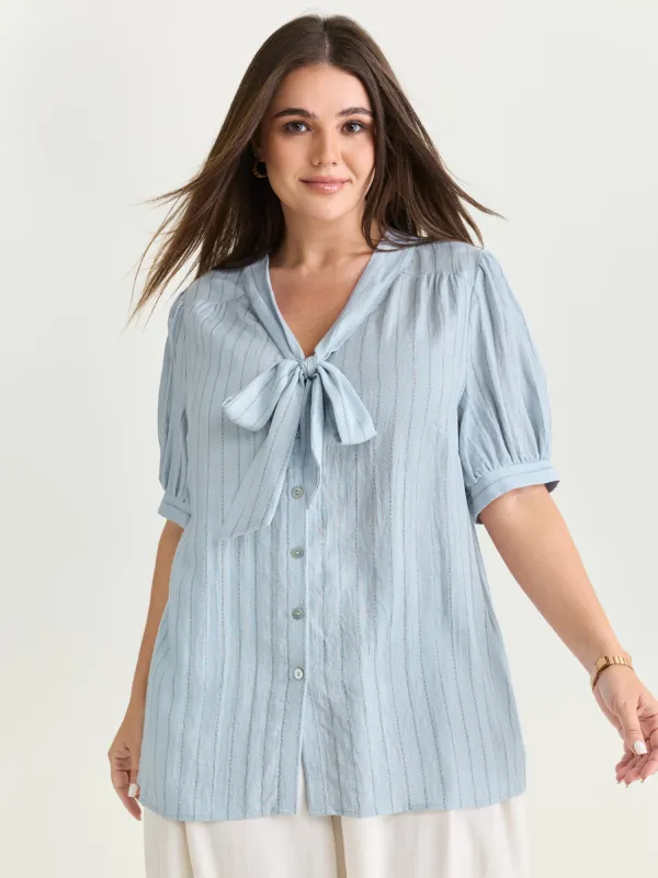 Cotton Bowknot Neckline Button-Down Blouse made by Bloomchic