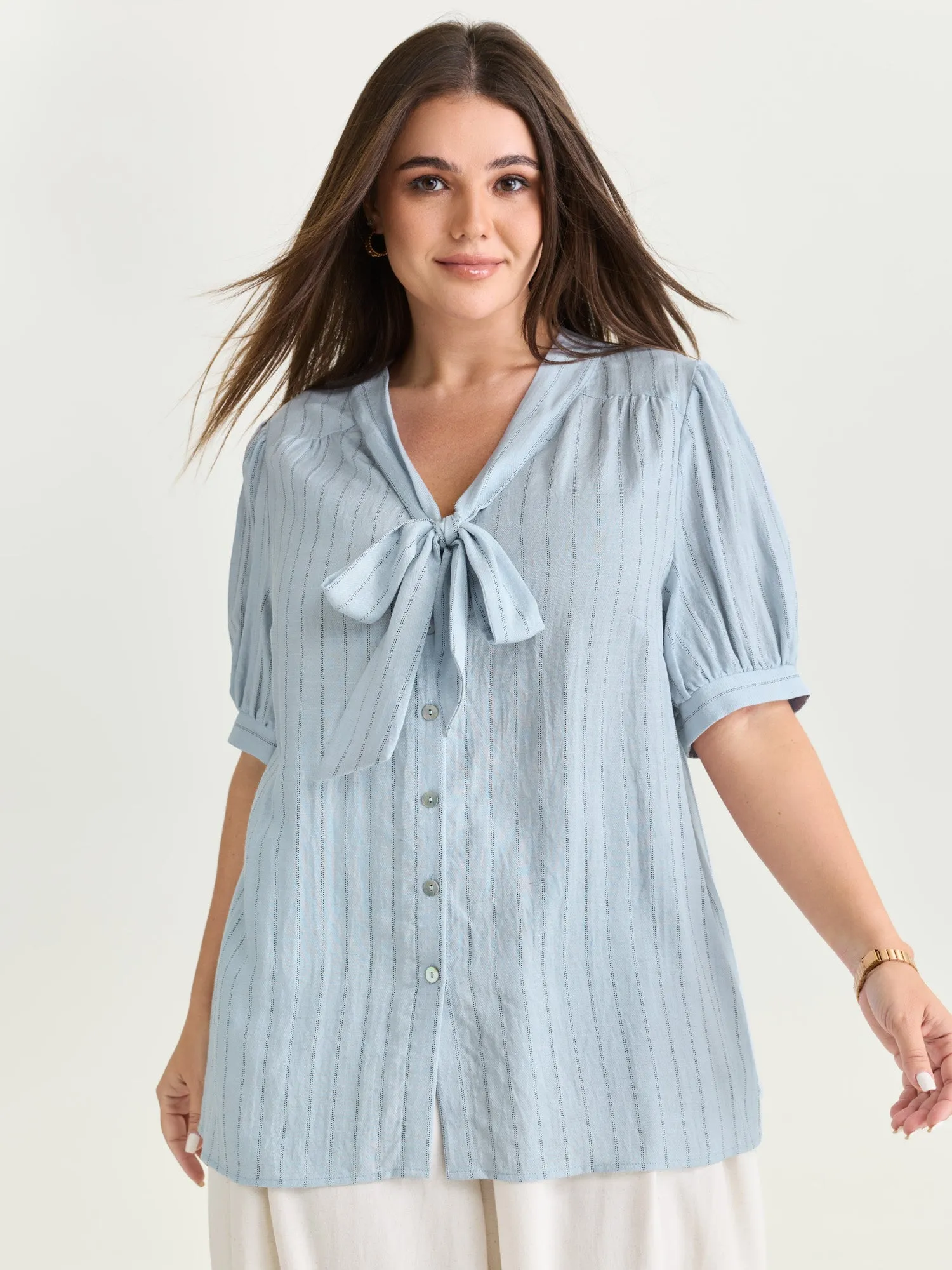 Cotton Bowknot Neckline Button-Down Blouse sold by Bloomchic