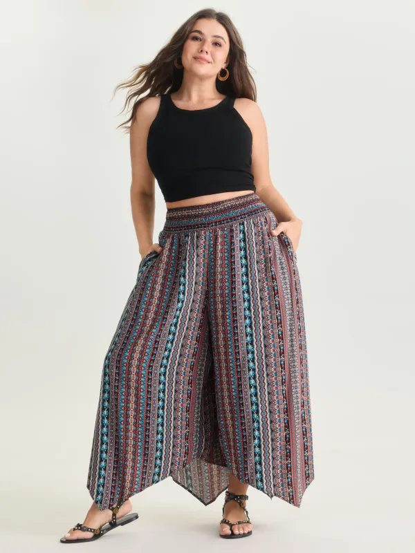 Shirred Colorful Asymmetric Hem Pants made by Bloomchic