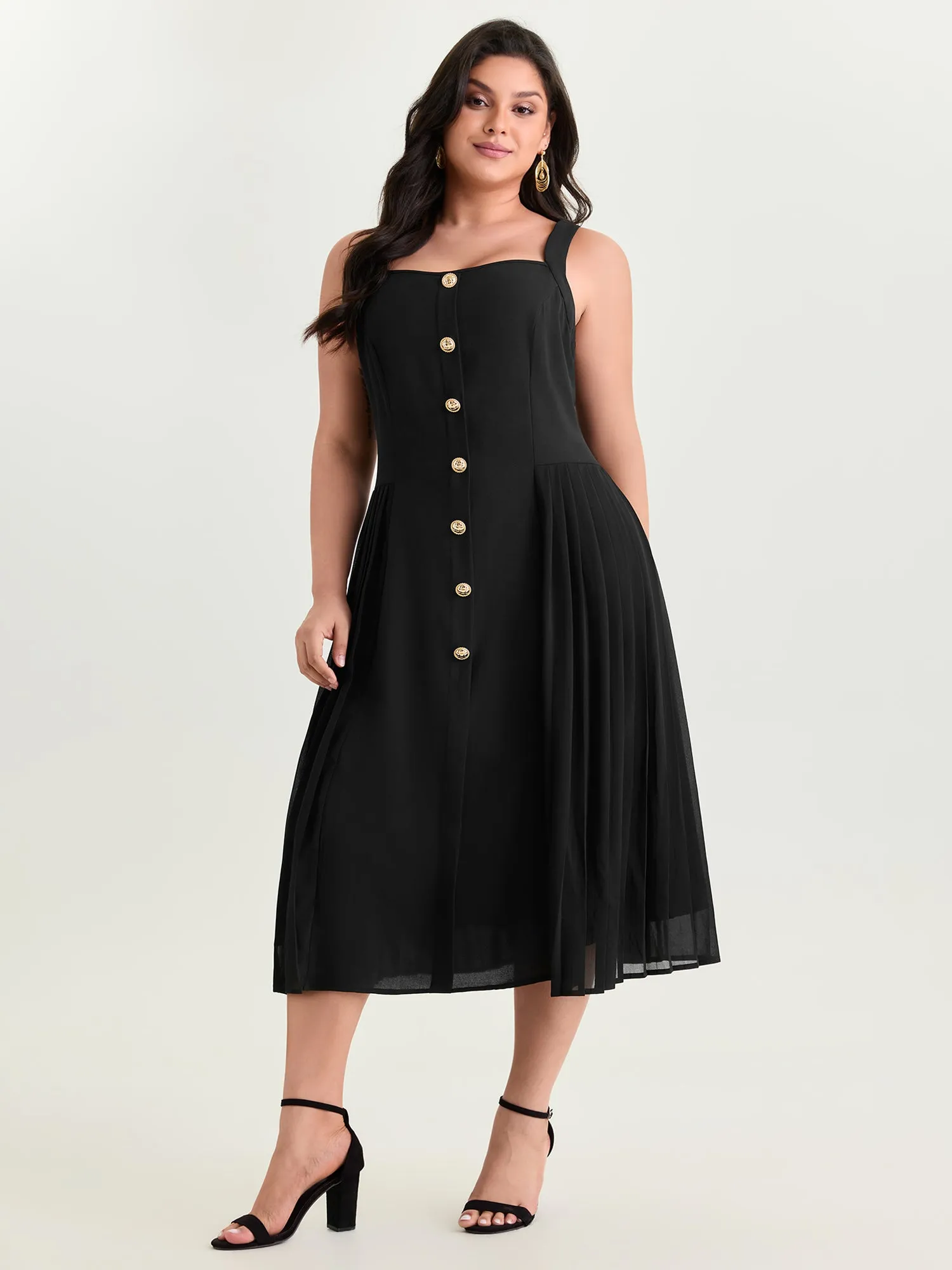 Button Detail Pleated Waist Midi Dress sold by Bloomchic