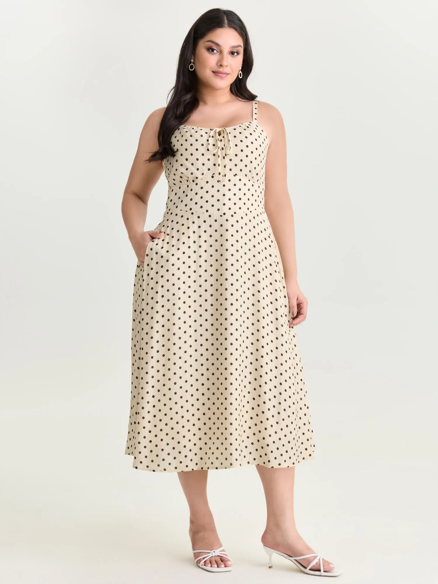 Polka Dots Triangular Waist Shirred Midi Dress sold by Bloomchic product image thumbnail 3