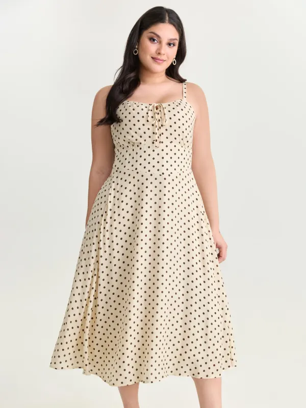 Polka Dots Triangular Waist Shirred Midi Dress made by Bloomchic
