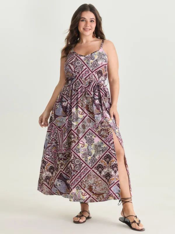 Geometric Paisley Print Waist-Tie Maxi Dress made by Bloomchic