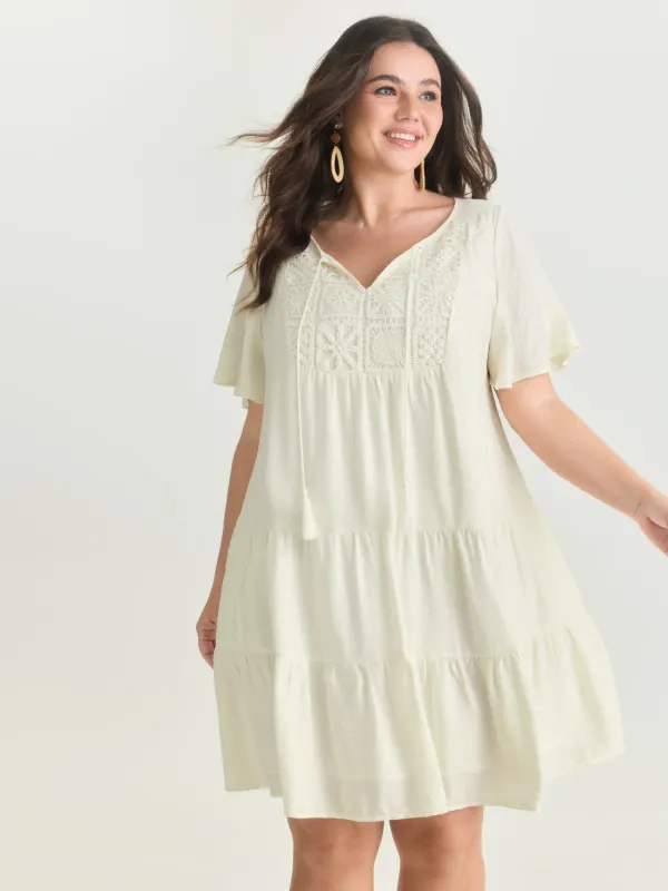 Lace Drawstring Neckline Tiered Mini Dress made by Bloomchic