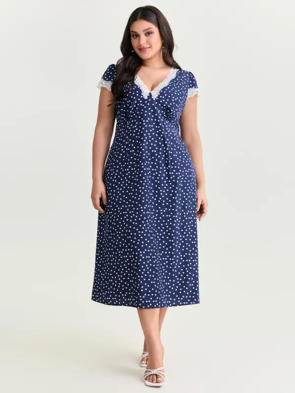 Polka Dots Lace Deep Neckline Midi Dress made by Bloomchic