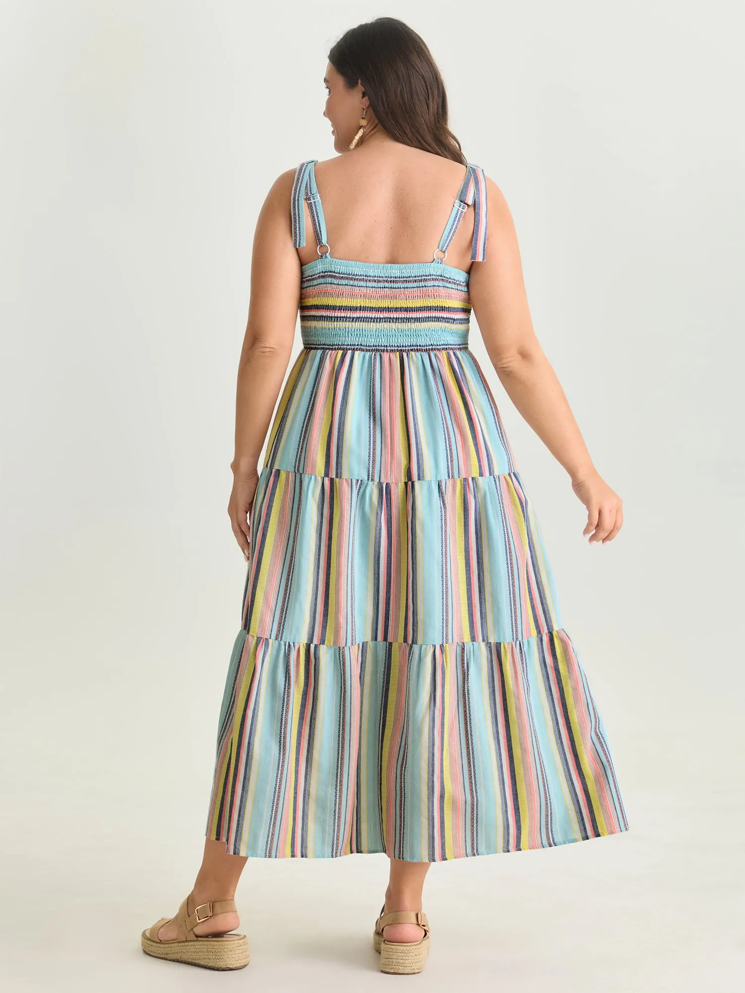 Multi-Color Striped Print Shoulder-Tie Midi Dress sold by Bloomchic product image thumbnail 4