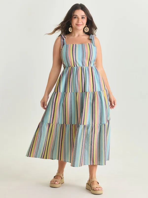 Multi-Color Striped Print Shoulder-Tie Midi Dress made by Bloomchic