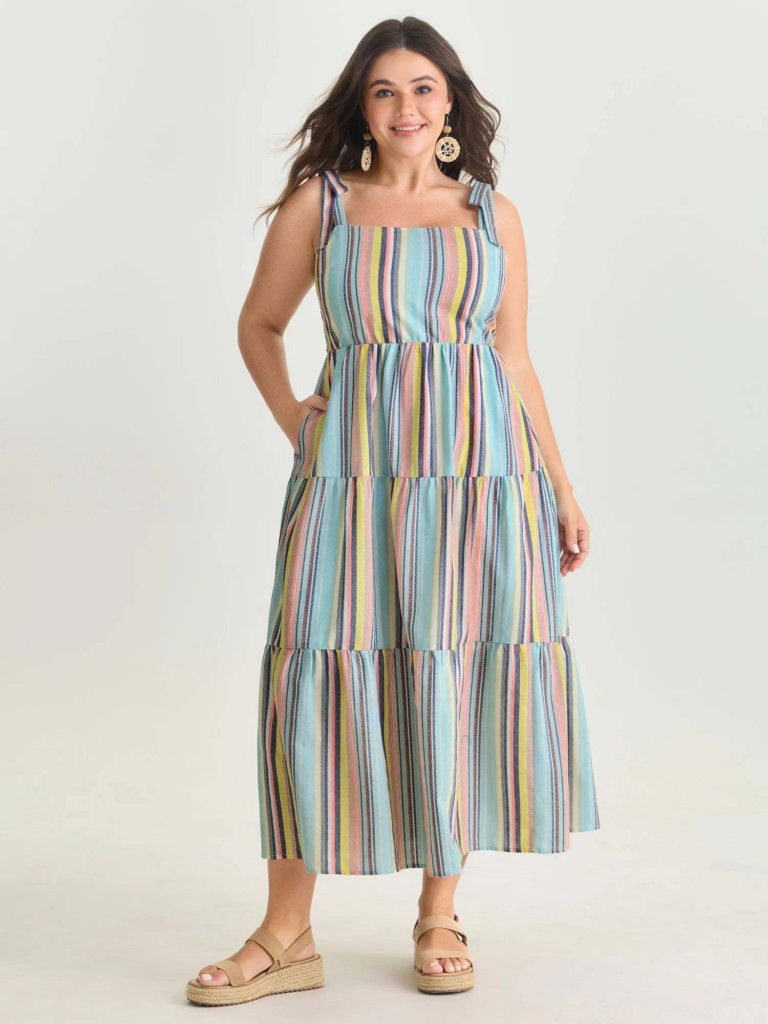 Multi-Color Striped Print Shoulder-Tie Midi Dress sold by Bloomchic product image thumbnail 3