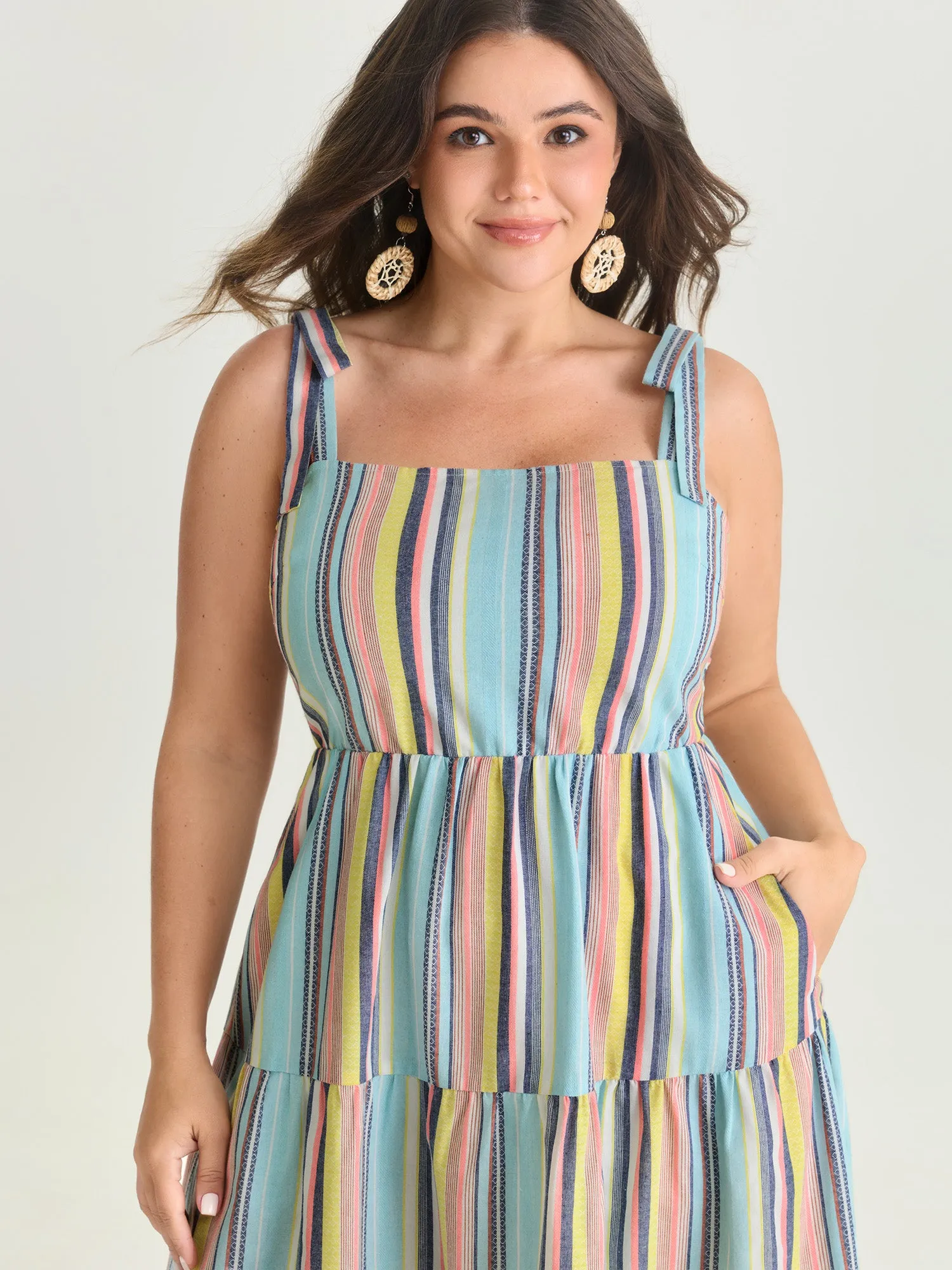 Multi-Color Striped Print Shoulder-Tie Midi Dress sold by Bloomchic product image thumbnail 2