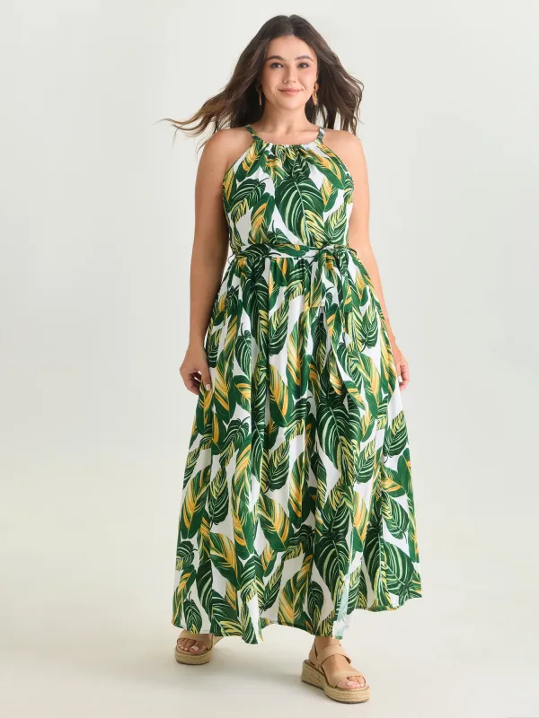 Breezy Tropical Print Halter Neckline Maxi Dress made by Bloomchic