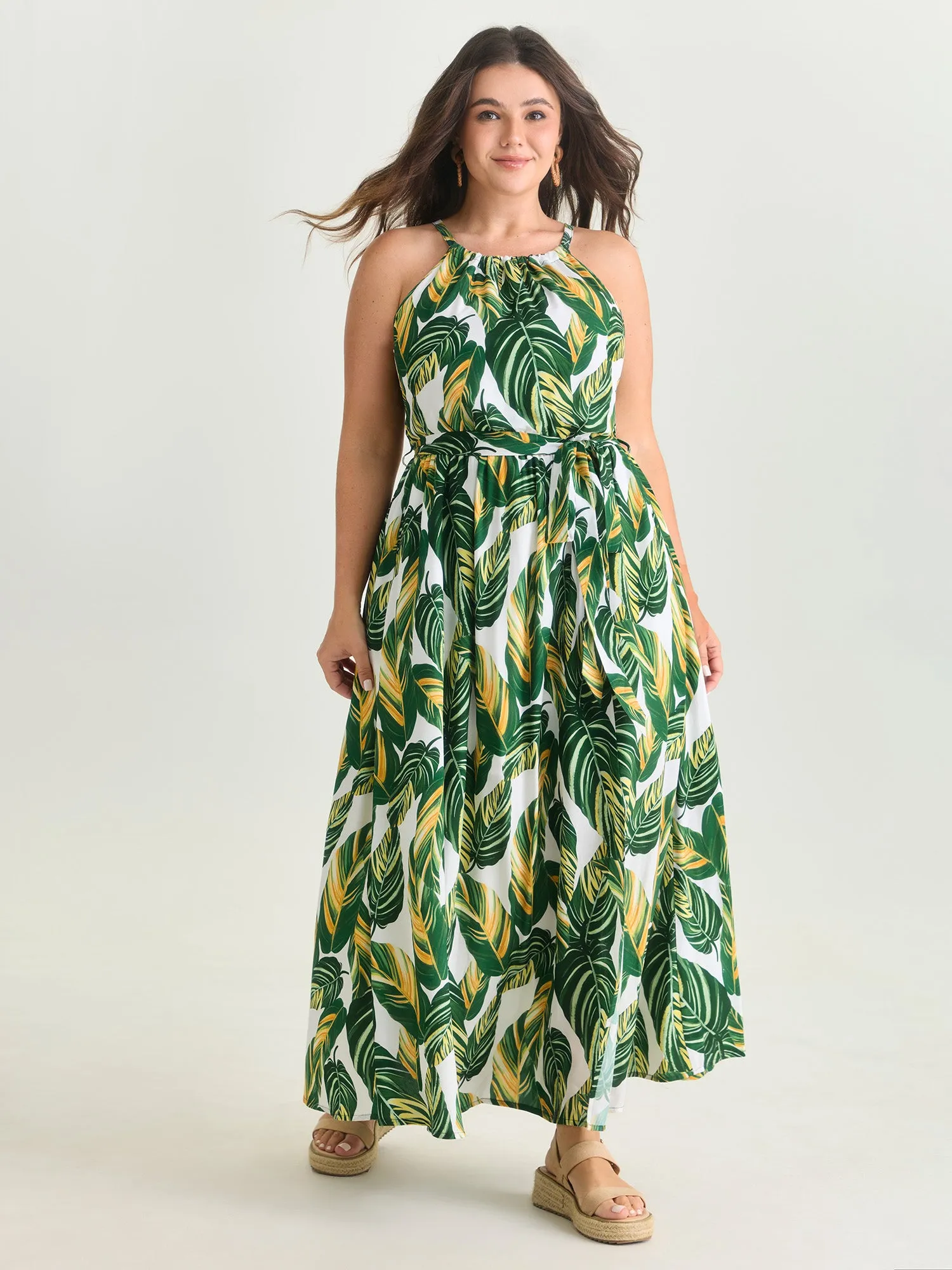 Breezy Tropical Print Halter Neckline Maxi Dress sold by Bloomchic