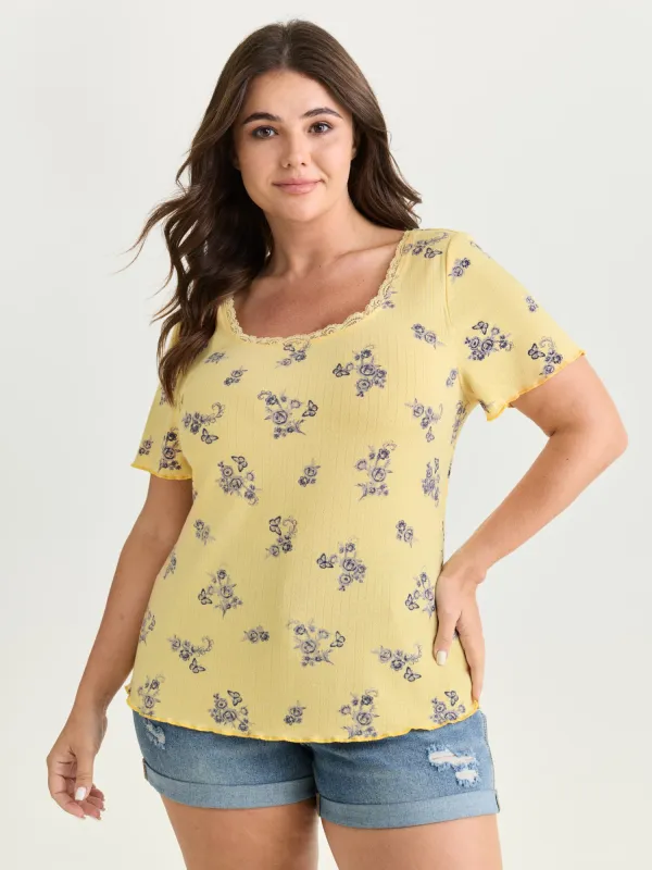 Floral Print Lace Round Neck T-Shirt made by Bloomchic
