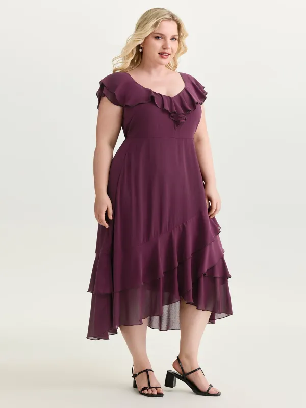 Ruffled Neckline Layered Hem Midi Dress made by Bloomchic