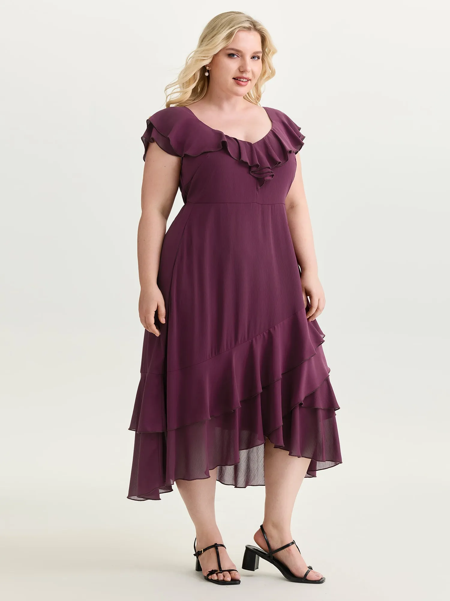 Ruffled Neckline Layered Hem Midi Dress sold by Bloomchic