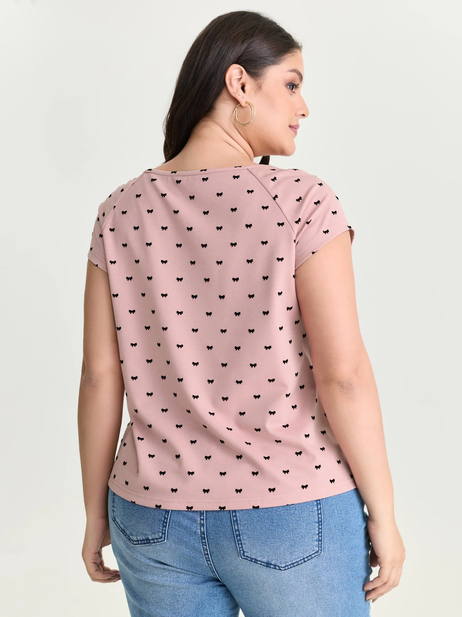 Stretchy Bowknot Print Split Neck T-Shirt sold by Bloomchic product image thumbnail 5