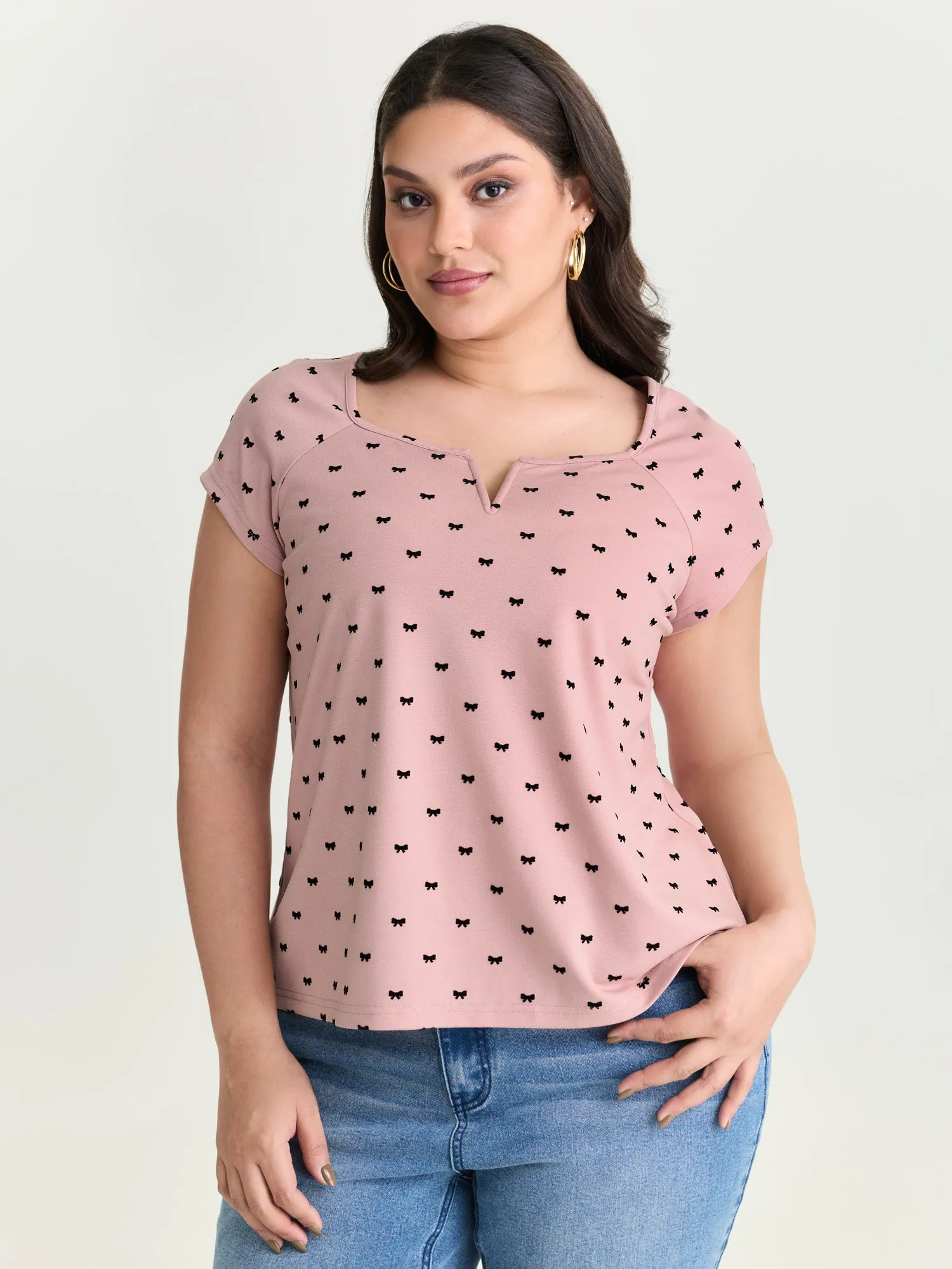 Stretchy Bowknot Print Split Neck T-Shirt sold by Bloomchic