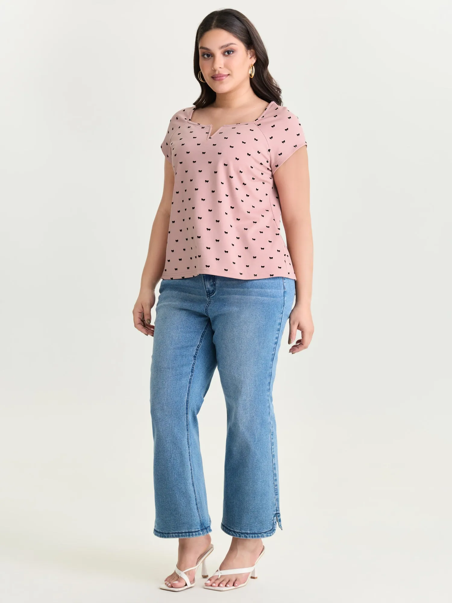 Stretchy Bowknot Print Split Neck T-Shirt sold by Bloomchic product image thumbnail 3