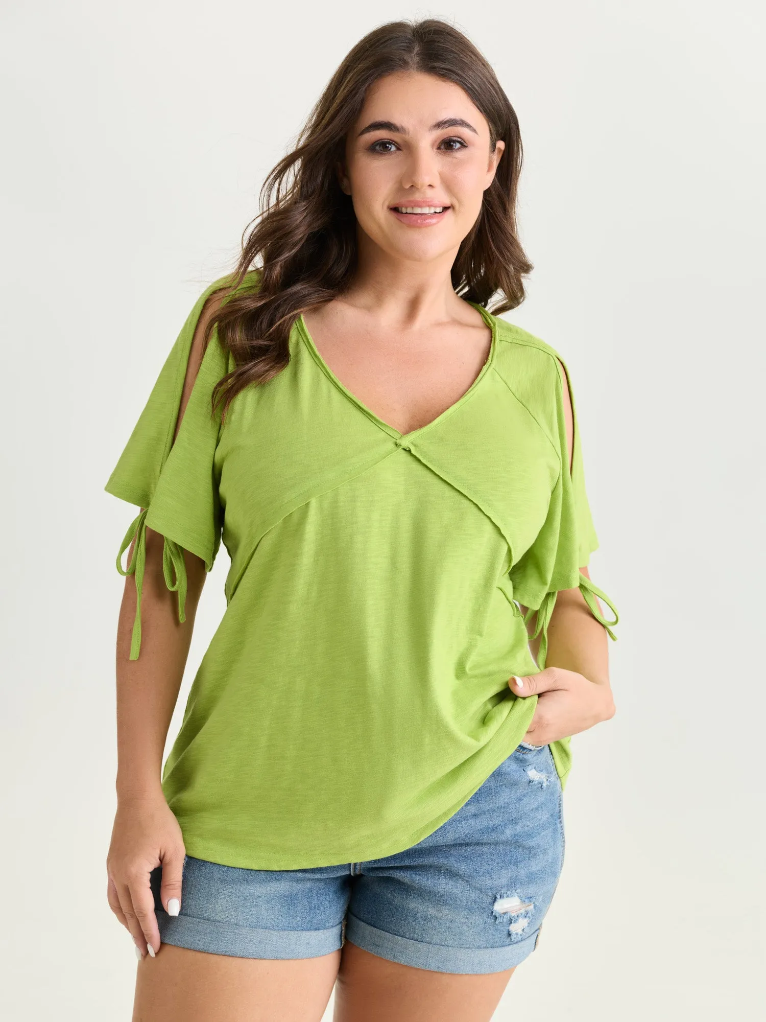 Shoulder Cut-Out Ties V-Neck T-Shirt sold by Bloomchic