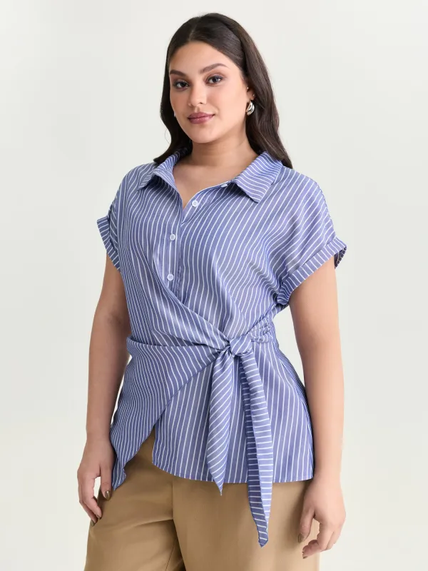 Striped Print Knotted Side Blouse made by Bloomchic