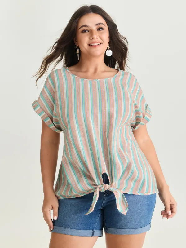 Striped Print Knotted Front Blouse made by Bloomchic