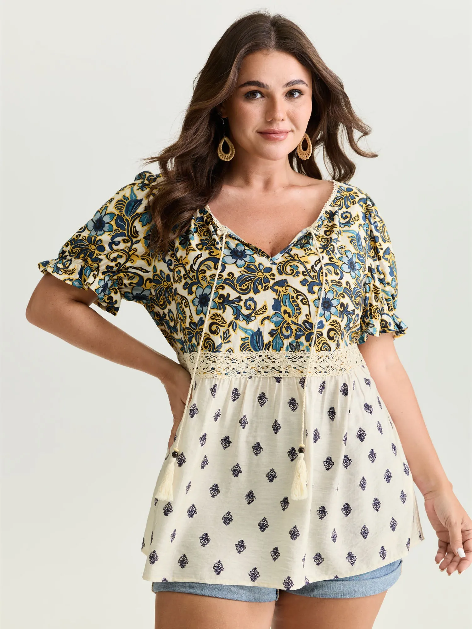 Floral Print Lace Neckline Flowy Blouse sold by Bloomchic