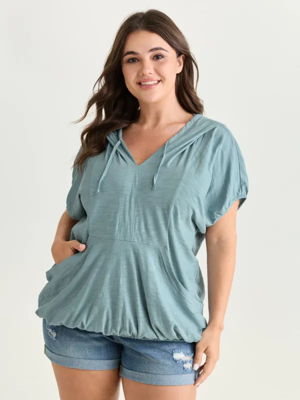 Pure Cotton Bubble Hem Hooded Knit Top made by Bloomchic