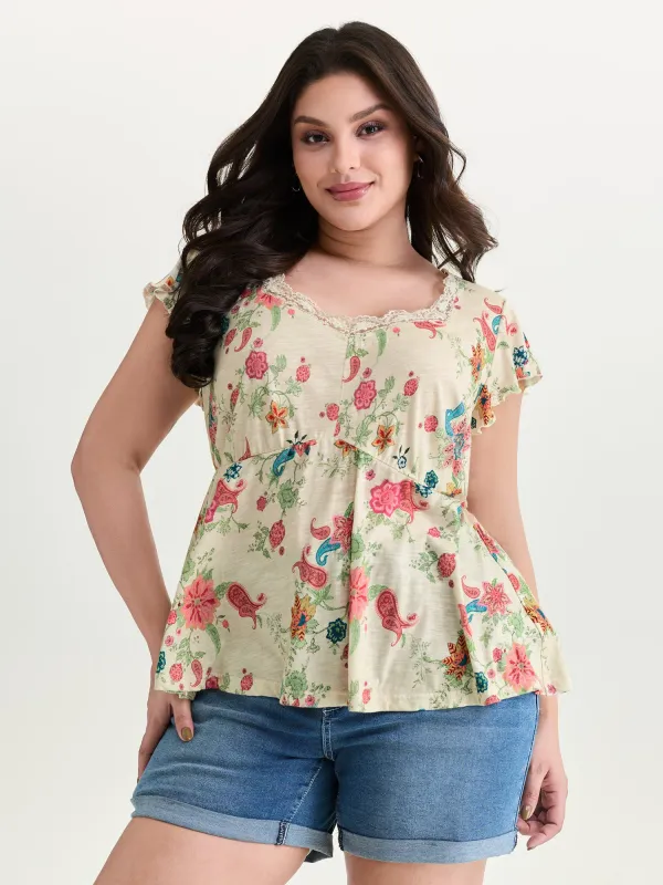 Cotton Stretchy Floral Paisley Print Knit Top made by Bloomchic