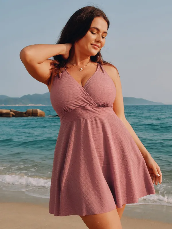 Textured Surplice Cut-Out Shoulder Swim Dress made by Bloomchic