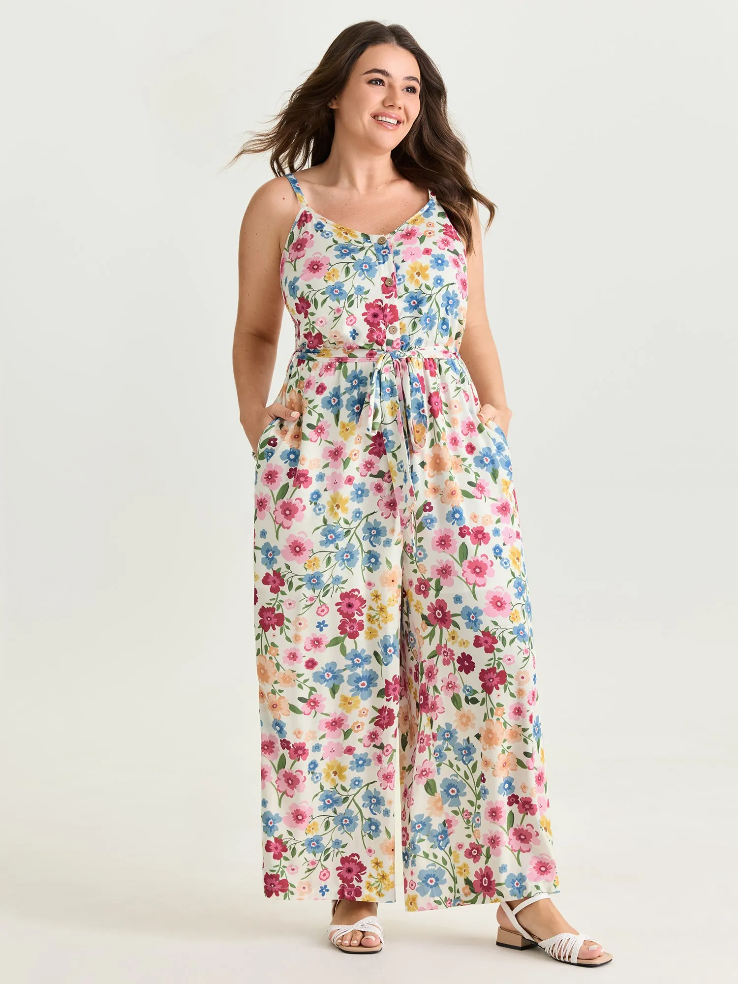 Floral Vibrance Waist-Tie Wide-Leg Jumpsuit sold by Bloomchic