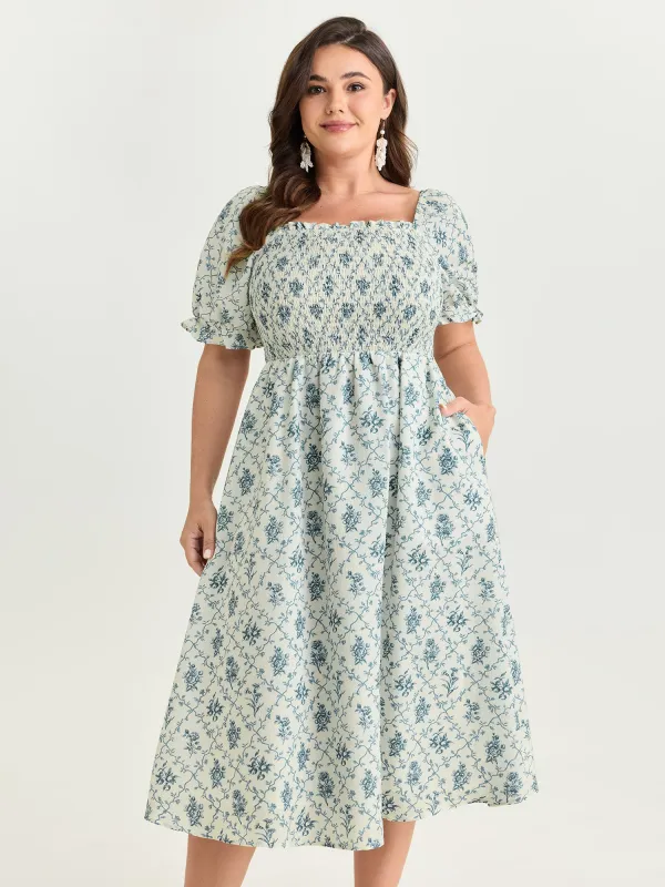 Floral Print Shirred Bodice Flowy Midi Dress made by Bloomchic
