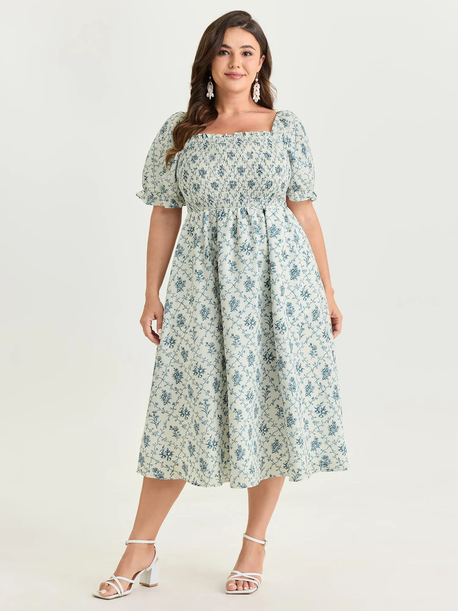 Floral Print Shirred Bodice Flowy Midi Dress sold by Bloomchic product image thumbnail 3