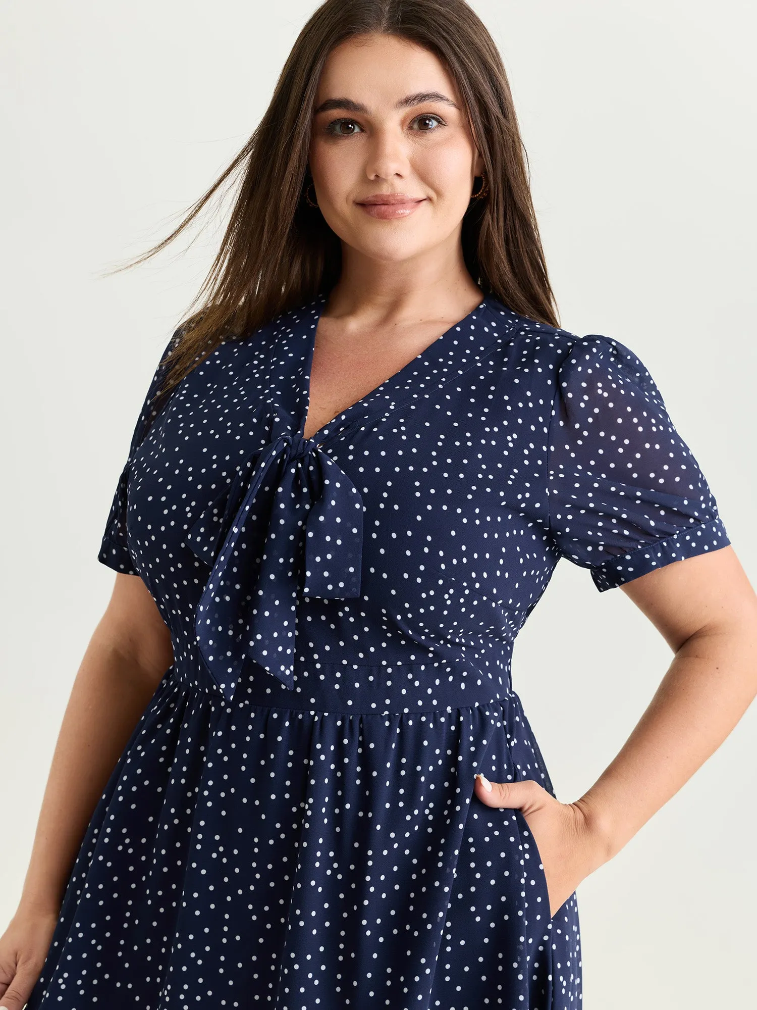 Pretty Polka Dots Ribbon Neckline Midi Dress sold by Bloomchic product image thumbnail 2