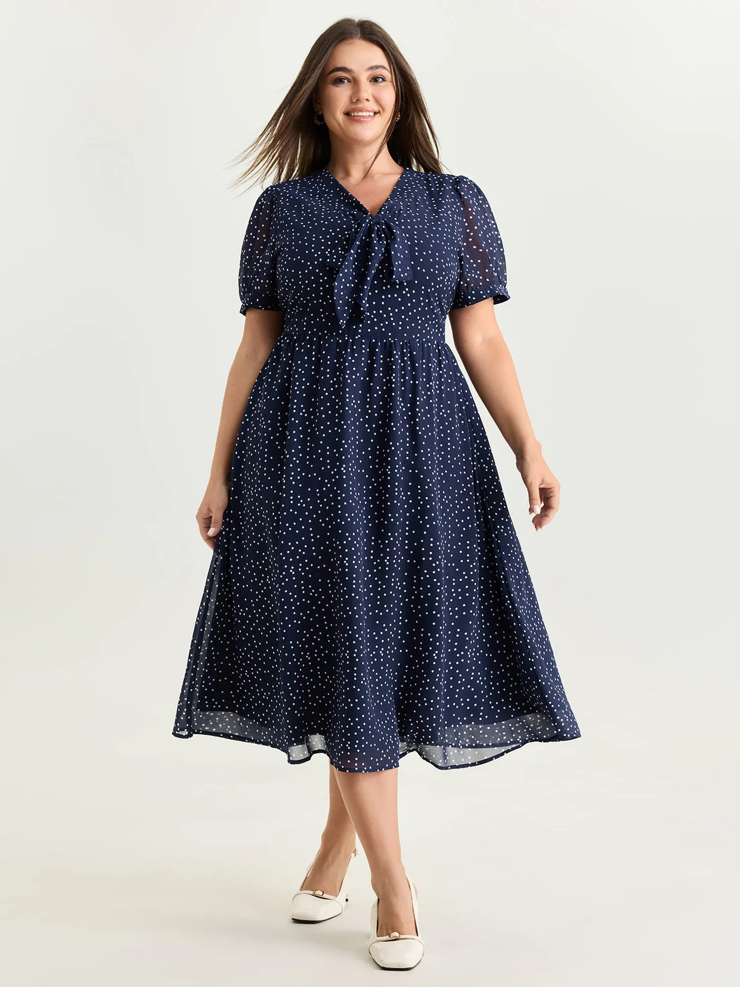 Pretty Polka Dots Ribbon Neckline Midi Dress sold by Bloomchic
