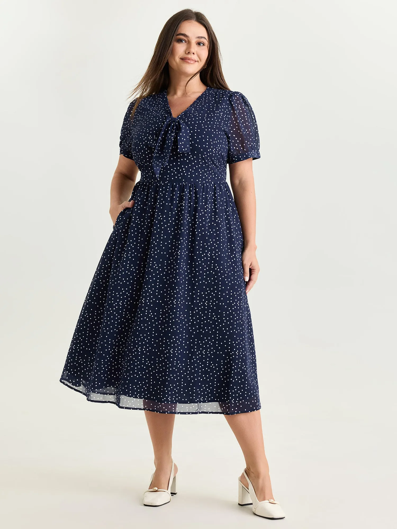 Pretty Polka Dots Ribbon Neckline Midi Dress sold by Bloomchic product image thumbnail 3