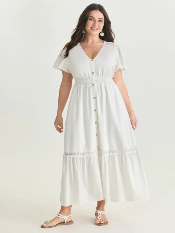 Shirred Waist Tiered V-Neck Maxi Dress made by Bloomchic