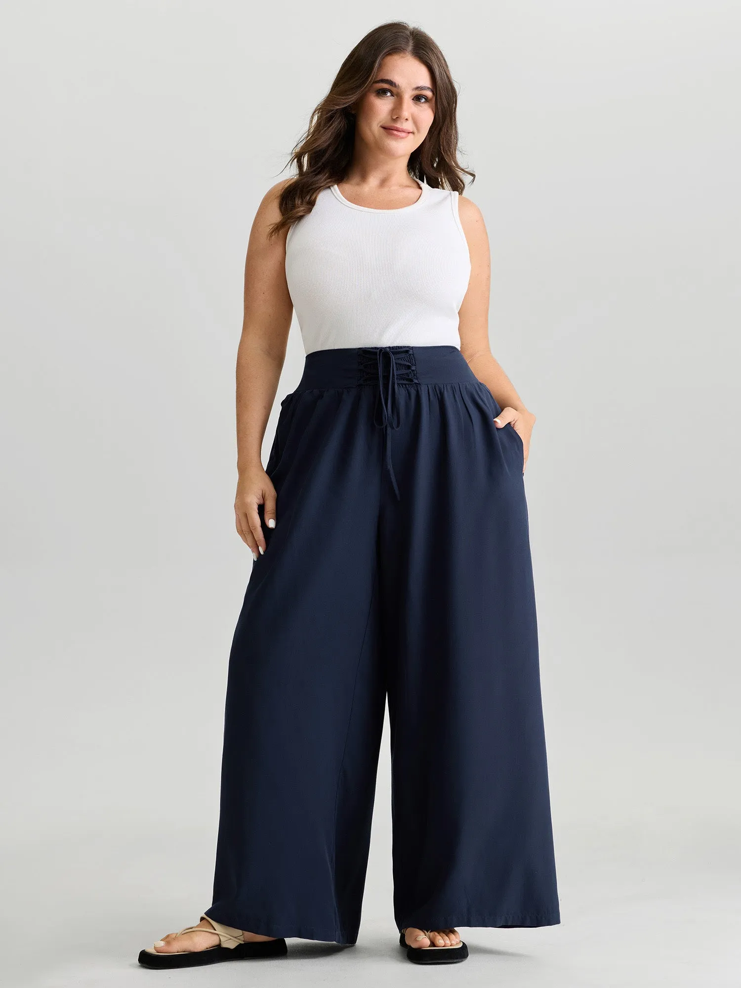 Wide Cross-Tie Waistband Pants sold by Bloomchic