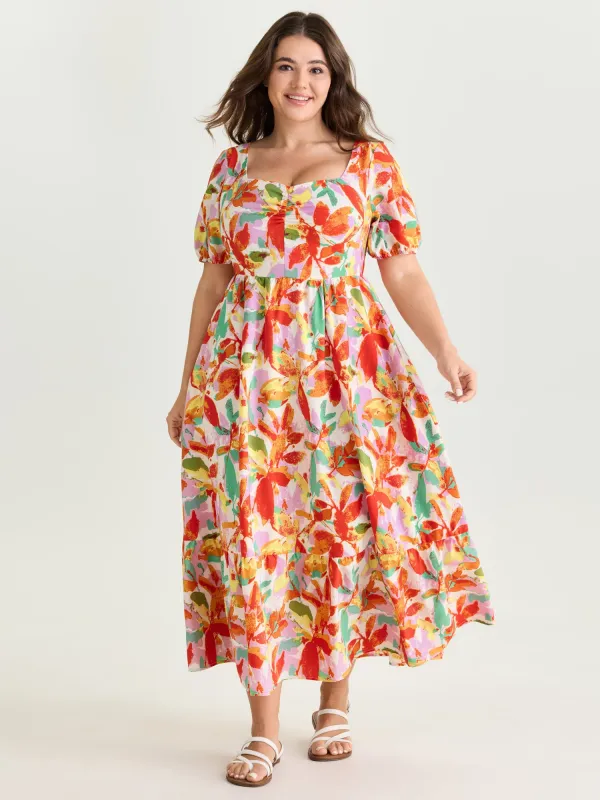 Bright Floral Print Ruched Bodice Midi Dress made by Bloomchic