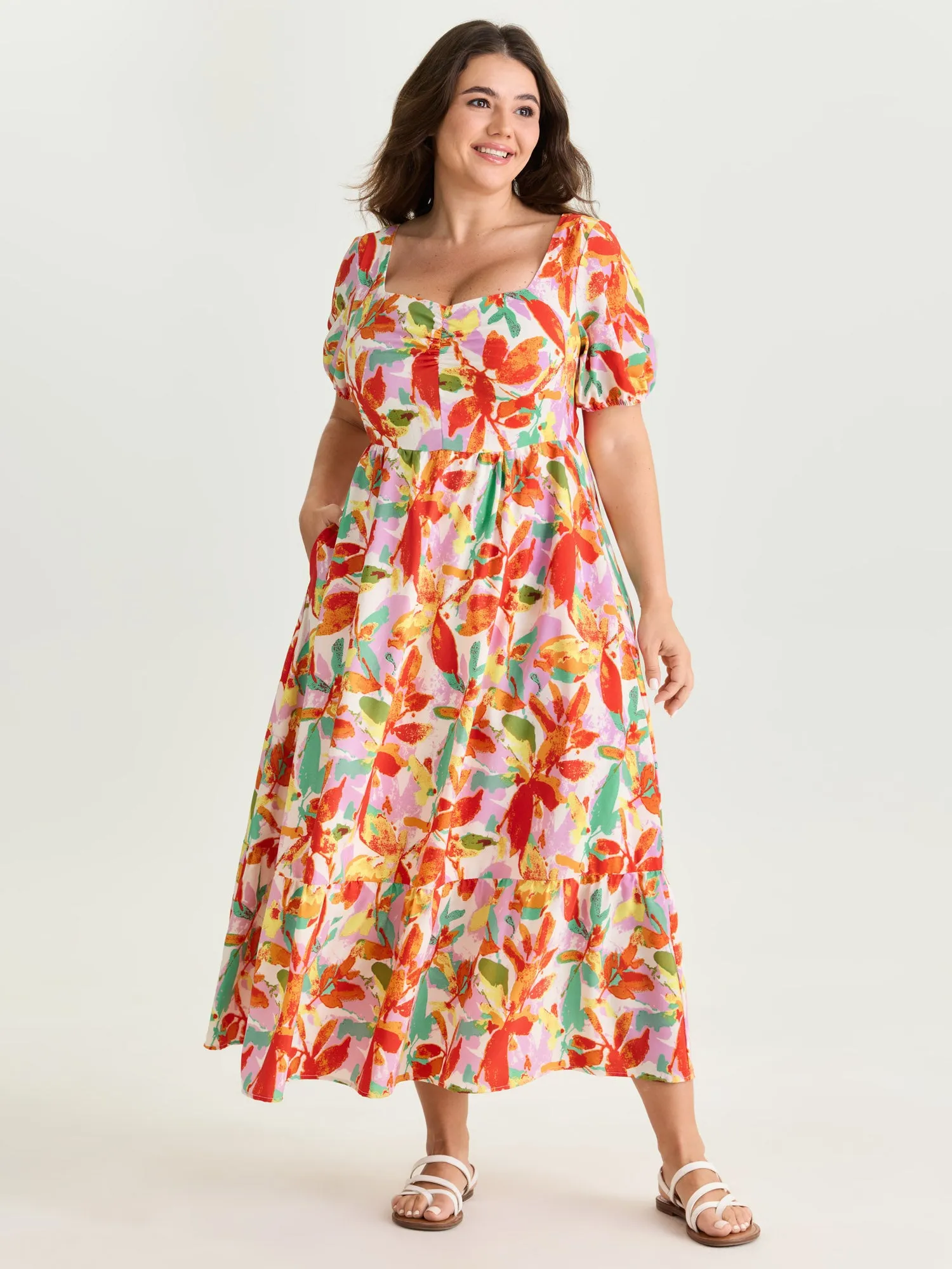 Bright Floral Print Ruched Bodice Midi Dress sold by Bloomchic product image thumbnail 3