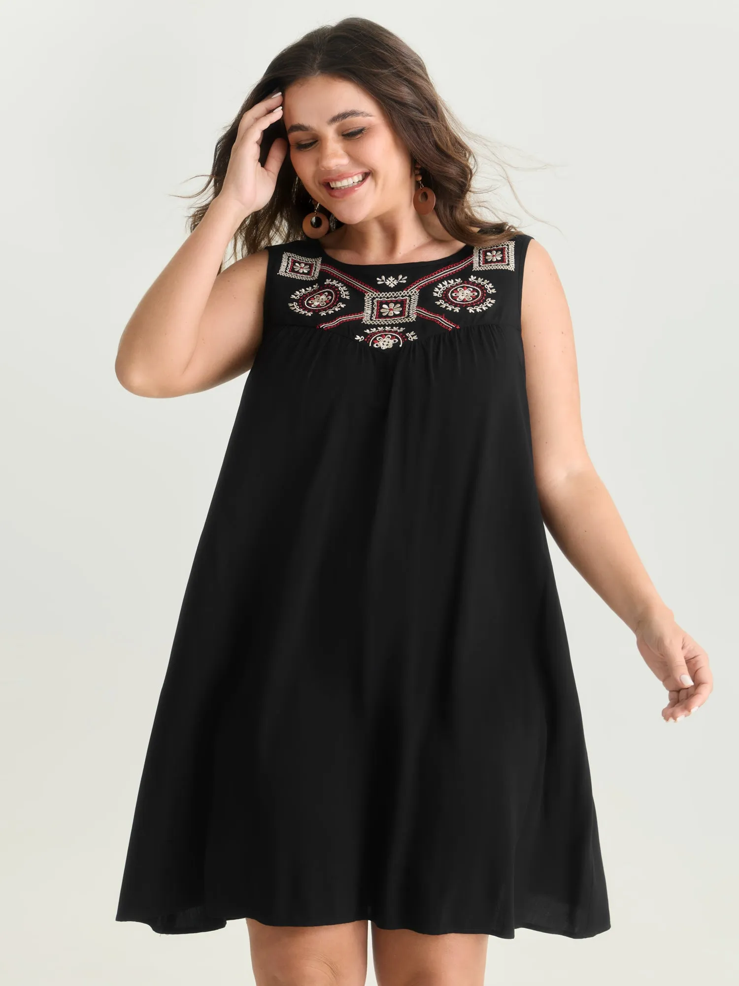 Boho Embroidered Neckline Sleeveless Mini Dress sold by Bloomchic