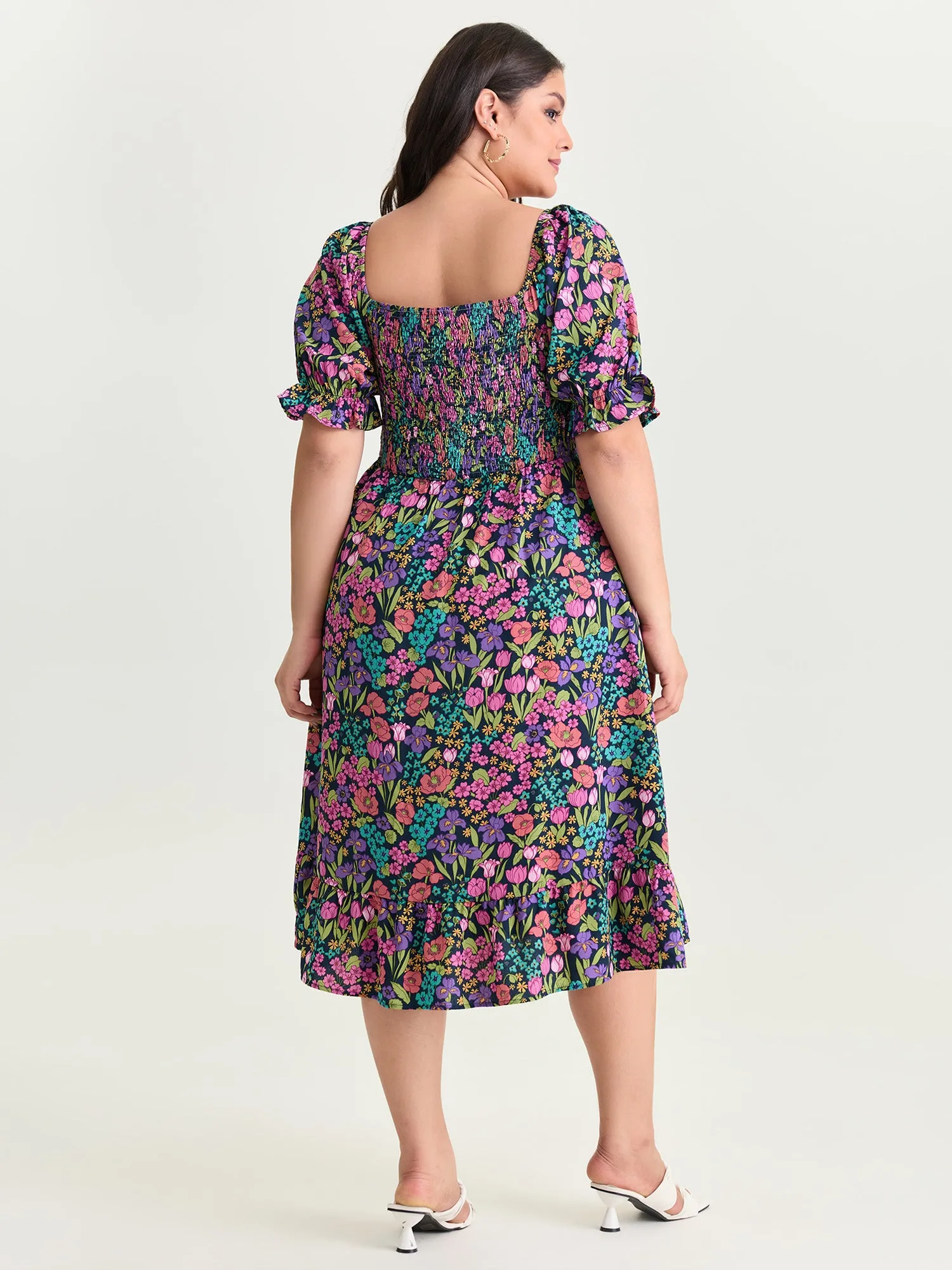Playful Floral Print Shirred Midi Dress sold by Bloomchic product image thumbnail 4