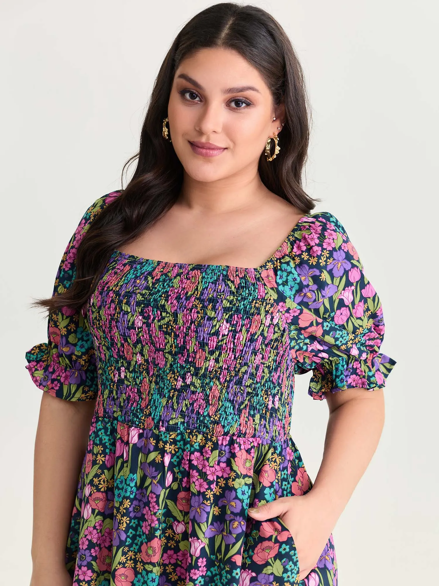 Playful Floral Print Shirred Midi Dress sold by Bloomchic product image thumbnail 2