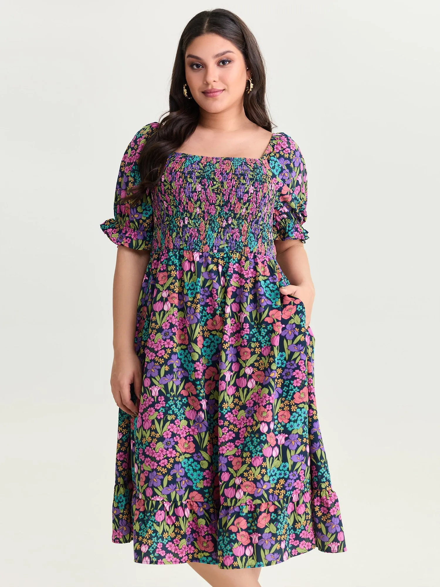 Playful Floral Print Shirred Midi Dress sold by Bloomchic