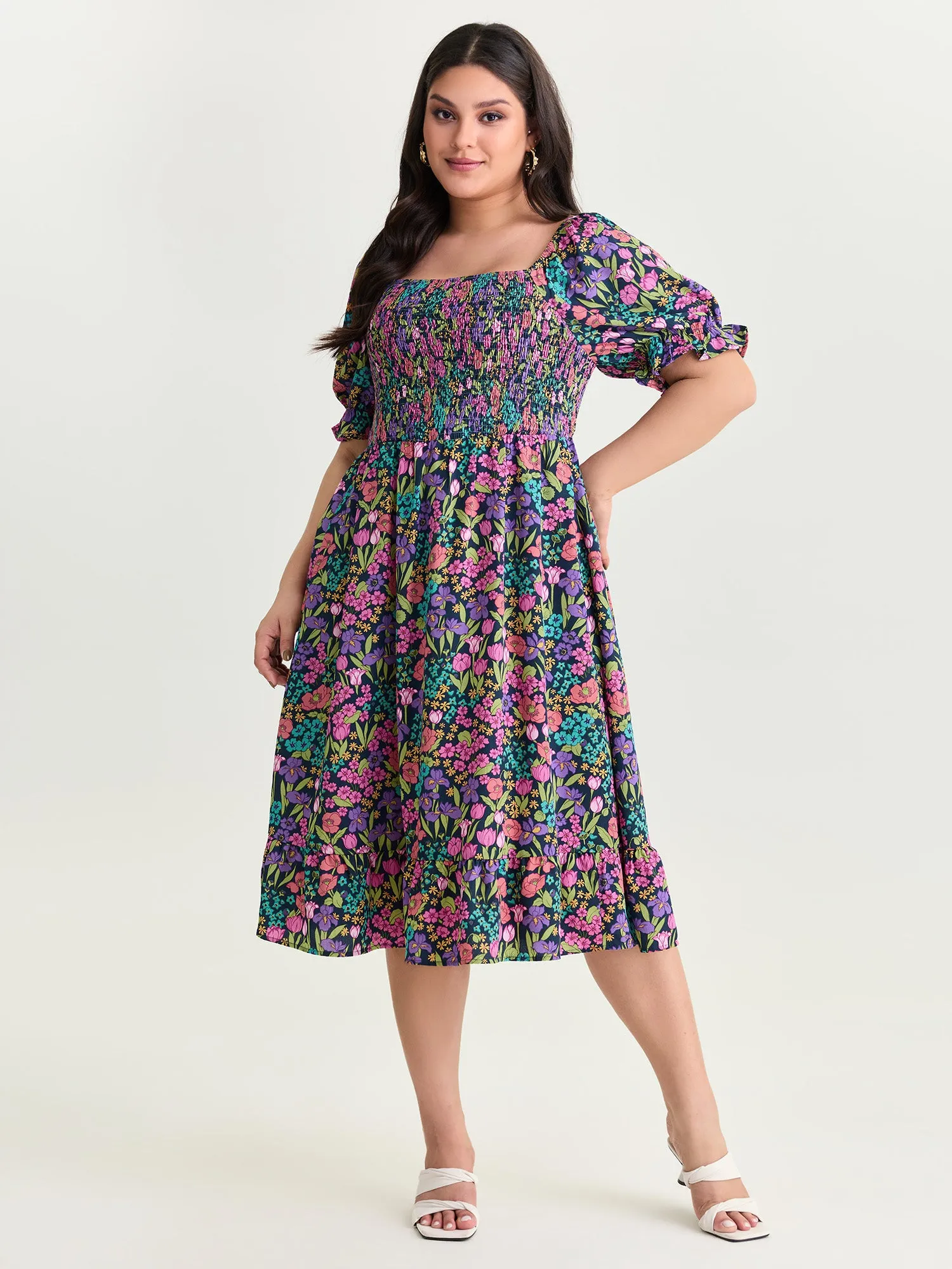 Playful Floral Print Shirred Midi Dress sold by Bloomchic product image thumbnail 3