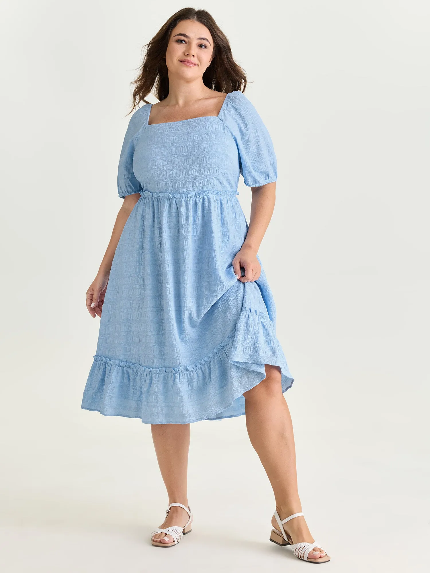 Shirred Open Back Ruffled Hem Midi Dress sold by Bloomchic