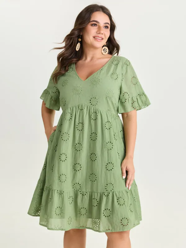 Eyelet Embroidered Ruffled Sleeve Mini Dress made by Bloomchic