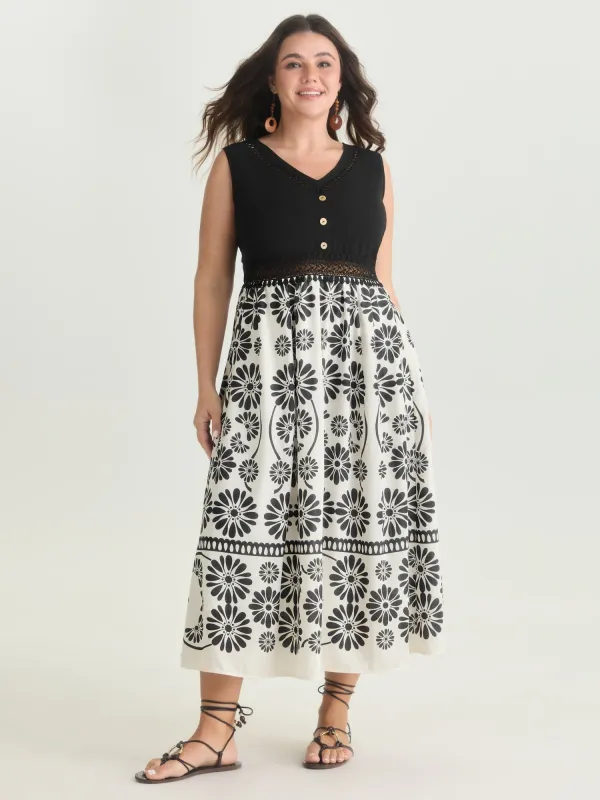 Floral Sheer Lace Trim Contrast Midi Dress made by Bloomchic