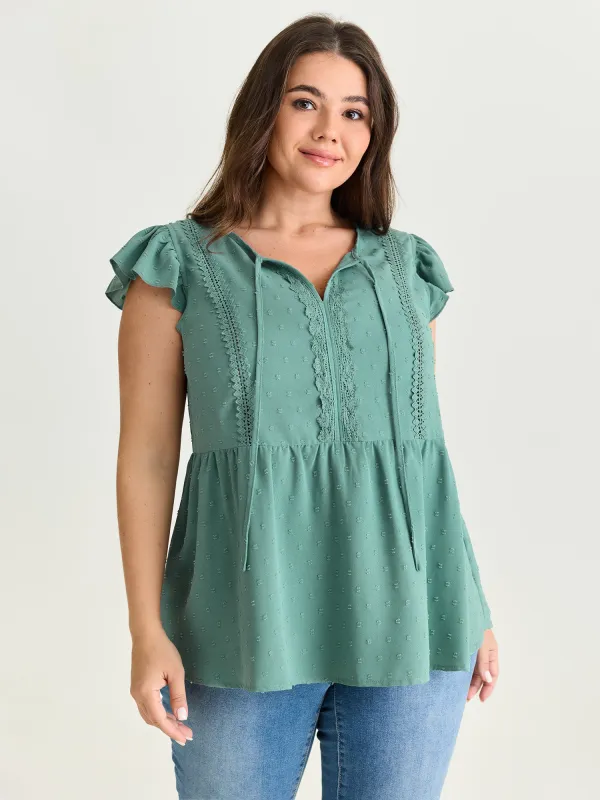 Textured Lace Panels Keyhole Neckline Blouse made by Bloomchic