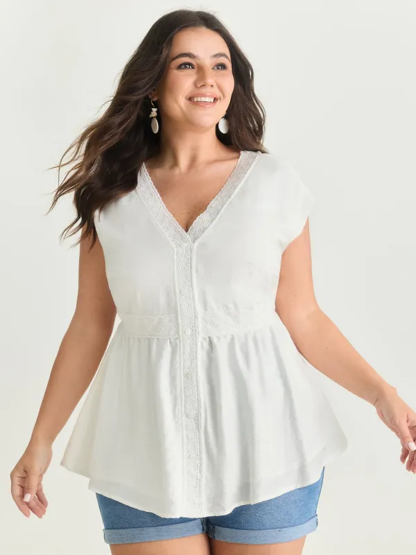 Lace Trim Button Placket Blouse made by Bloomchic