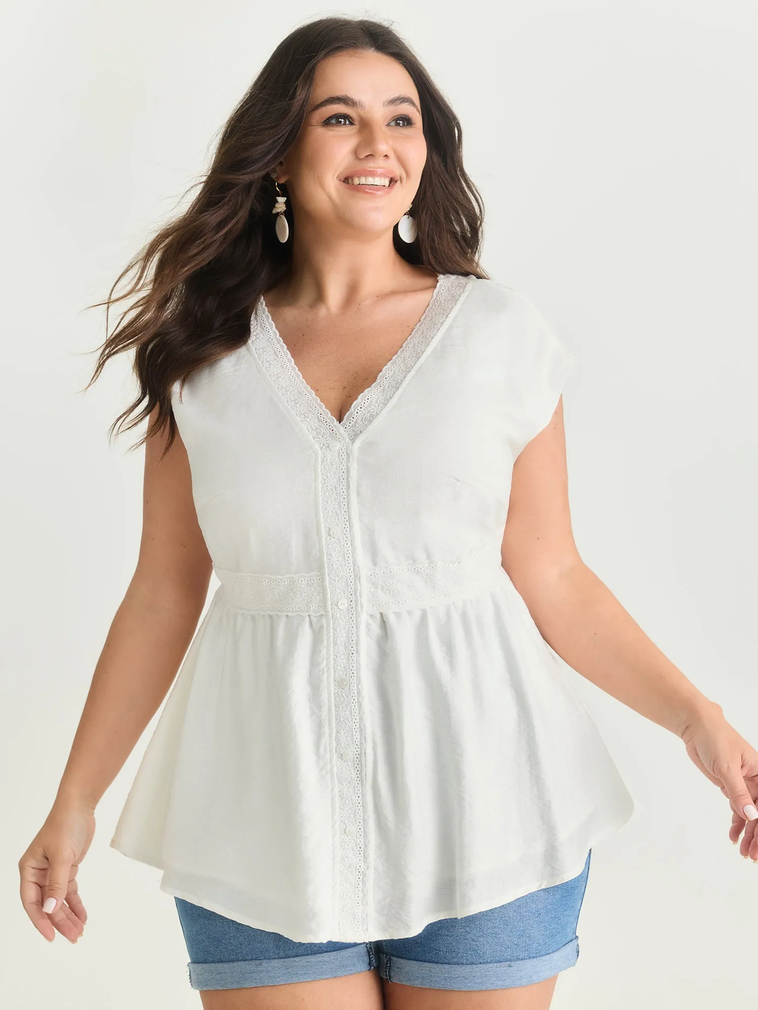 Lace Trim Button Placket Blouse sold by Bloomchic
