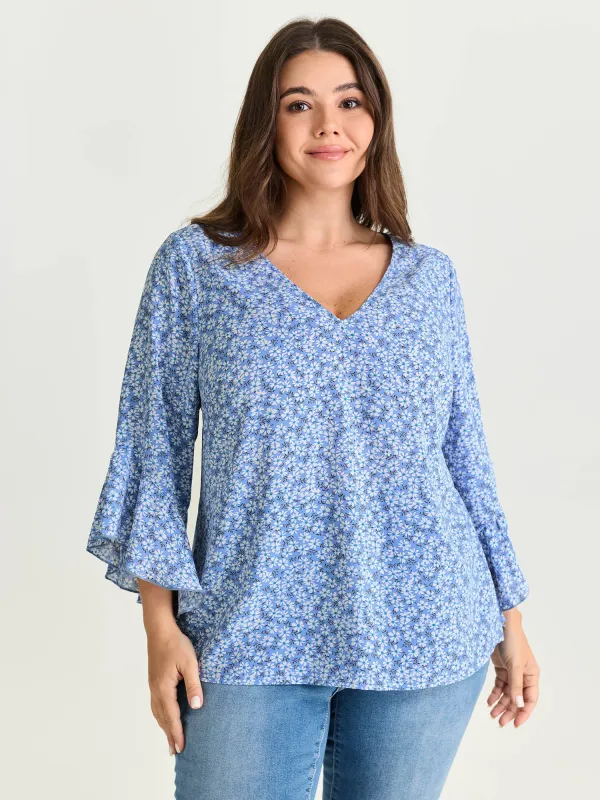 Floral Print Flared Ruffled Sleeve Blouse made by Bloomchic